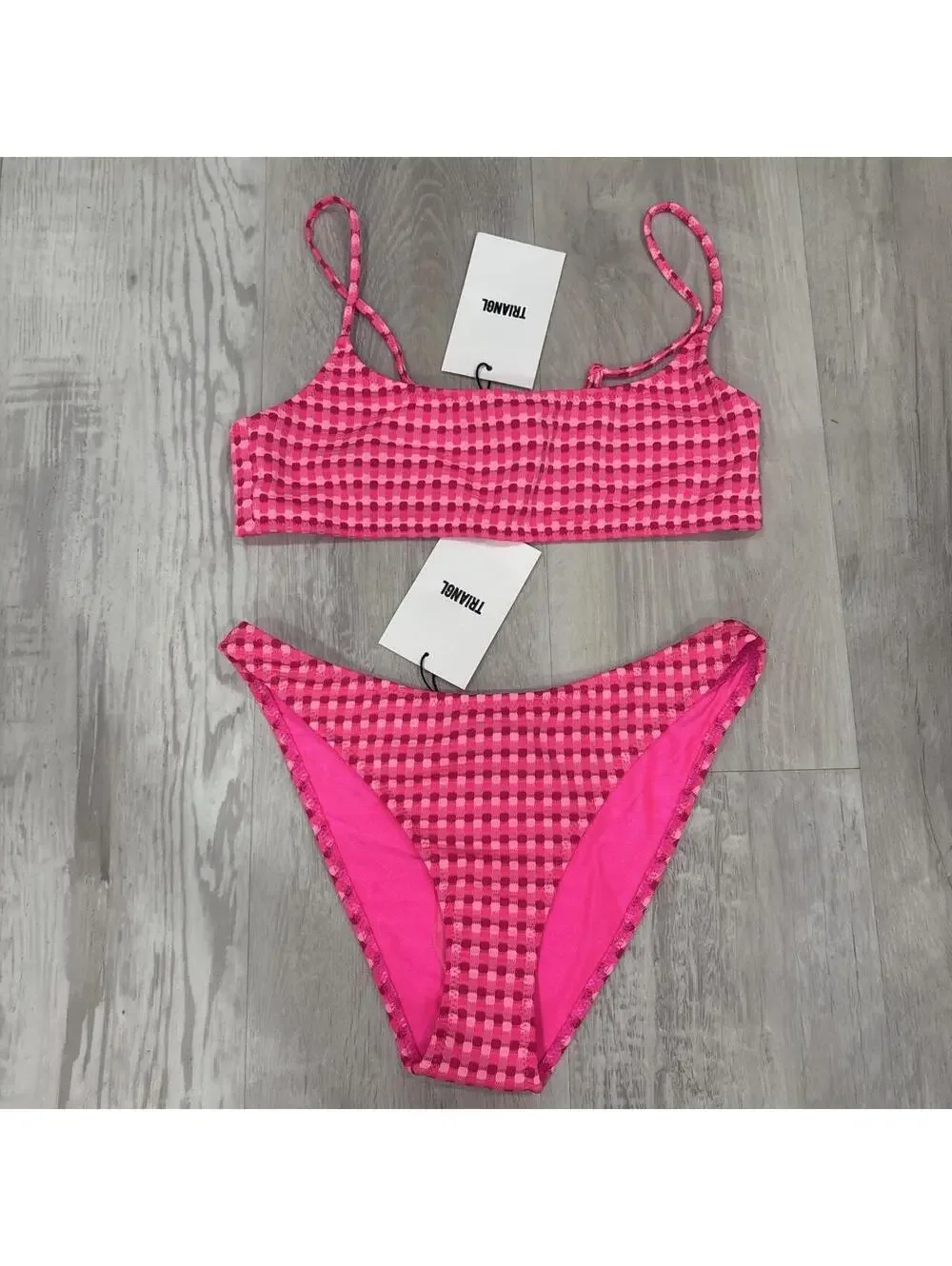 Triangl pink gingham bikini set with matching pouch #swimwear #gingham